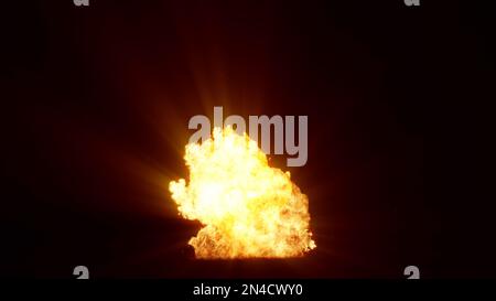 3D-Wiedergabe einer beeindruckenden, intensiven Explosion auf schwarzem Hintergrund. Zusammensetzung einer explodierenden, hellen, bunten Explosion, Stosswelle und Puffs von Stockfoto