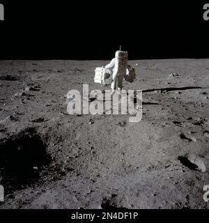 Astronaut Neil A. Armstrong, Apollo ll Mission Commander, bei der modularen Gerätelagerung (MESA) des Lunar Module "Eagle" auf der historischen ersten Extravehikelaktivität (EVA) auf der Mondoberfläche. Astronaut Edwin E. Aldrin Jr. fotografierte mit einer Hasselblad 70mm Kamera. Die meisten Fotos der Apollo 11-Mission zeigen Buzz Aldrin. Dies ist einer von nur wenigen, die Neil Armstrong zeigen (einige davon sind verschwommen). Stockfoto