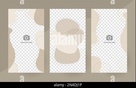 Abstrakter Hintergrund für Social Media Story Banner. Satz vertikaler minimaler Layouts mit organischen Formen in Erdtönen. Bearbeitbare Vorlage mit einem Platzhalter für das Bild. Vektordarstellung Stock Vektor