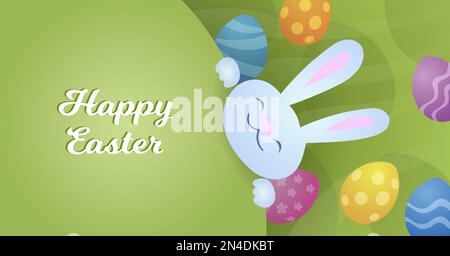 Frohe Ostergrußkarte mit Osterhasen und Ostereiern. Vektordarstellung im Cartoon-Stil für Poster, Banner, Post in sozialen Medien, Einladung. Stock Vektor