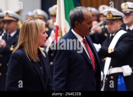 Rom, Italien. 08. Februar 2023. Rom 08/02/2023 Premierminister Giorgia Meloni empfängt den Präsidenten der Bundesrepublik Somalia, Hassan Sheikh Mohamud, im Palazzo Chigi Editorial Use Only Credit: Independent Photo Agency/Alamy Live News Stockfoto