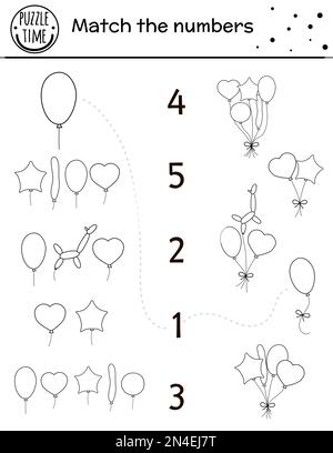 Geburtstagsspiel in Schwarz und Weiß mit bunten Ballons. Feiertagskurve Mathematikaktivität für Vorschulkinder. Pädagogische Feier Stock Vektor