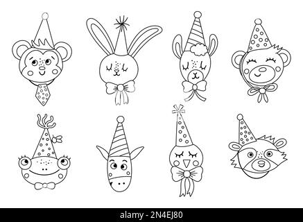 Set aus niedlichen schwarzen und weißen Tiergesichtern in Partyhüten. Geburtstagskurve-Avatare-Kollektion. Lustige Illustration von Bär, Frosch, Lama, Waschbär, Stock Vektor