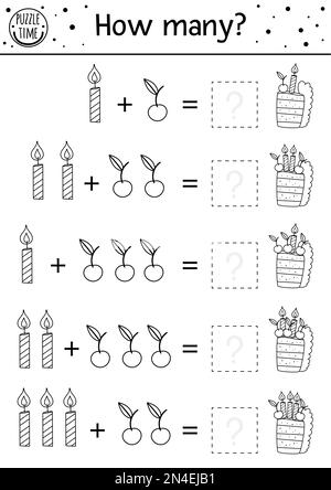 Geburtstagsspiel schwarz-weiß mit Kuchen und Kerzen. Feiertagskalender-Zahlenerkennungsaktivität für Vorschulkinder. Ausbildungslinie CEL Stock Vektor