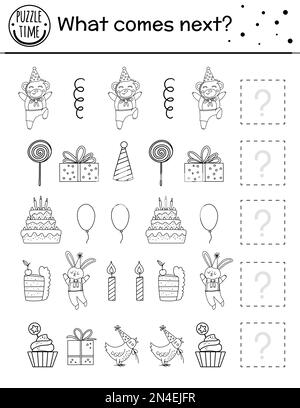 Was kommt als Nächstes? Geburtstagsfeiertag in Schwarz-Weiß passender Aktivität für Vorschulkinder mit traditionellen Feiertagssymbolen. Lustiges, pädagogisches Puzzle. Stock Vektor
