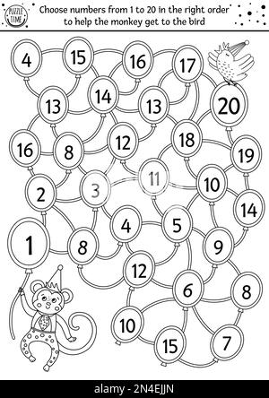 Geburtstagslabyrinth mit Schwarz-Weiß-Zählen für Kinder. Festtagskalender Vorschullehrgang zum Ausdrucken. Lustiges Line-Party-Spiel oder Mathe-Puzzle Stock Vektor