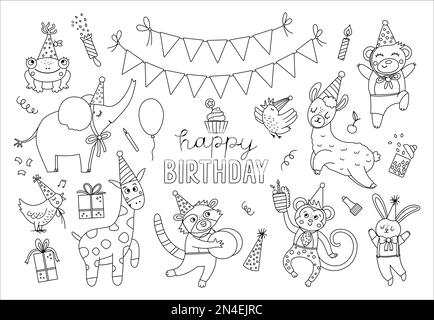 Set mit süßen schwarz-weißen Tieren in Partyhüten. Geburtstagsparty Feier Clipart Kollektion. Vector-Umriss-Urlaubspaket mit leuchtendem Geschenk, cak Stock Vektor