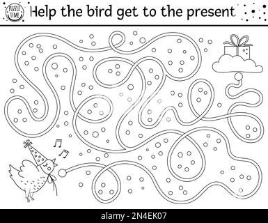 Geburtstagslabyrinth für Kinder. Festtagskalender Vorschullehrgang zum Ausdrucken. Lustiges Partyspiel oder Puzzle mit niedlichem Stock Vektor