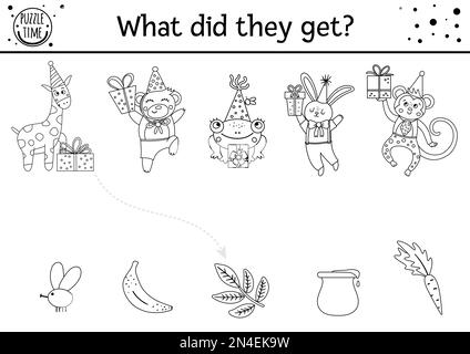 Zum Geburtstag passende Schwarz-Weiß-Aktivität für Kinder. Lustiges Puzzle mit niedlichen Tieren in Partyhüten und Geschenken. Feiertagsfliege edu Stock Vektor