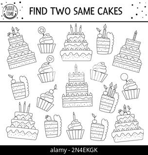 Finde zwei gleiche Kuchen. Festliche Schwarz-Weiß-Aktivität für Kinder. Lustige Übersicht Lernender Geburtstagsquiz-Arbeitsblatt für Kinder. Einfach Stock Vektor