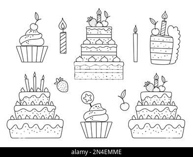 Vector Schwarz-Weiß-Set mit Geburtstagskuchen, Kerzen und Cupcakes. Süßes Essen oder Schokoriegel. Lustige Nachtisch-Illustration für Karte, Po Stock Vektor