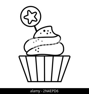 Schwarz-weißer Vector-Cupcake mit sternförmiger Auflage. Süße lustige Geburtstagsnachtisch Illustration für Karte, bedrucktes Design. Veranschaulichung der Festtagsessen. Mu Stock Vektor
