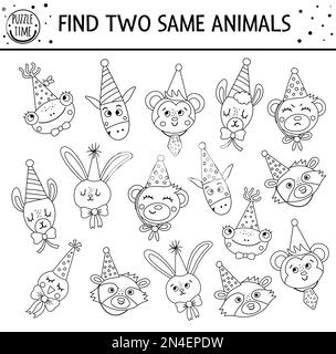 Finde zwei gleiche Tiere. Festliche Schwarz-Weiß-Aktivität für Kinder. Lustige Übersicht pädagogisches Geburtstagsarbeitsblatt für Kinder. Sim Stock Vektor