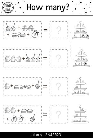 Schwarz-Weiß-Geburtstagsspiel mit traditionellen Desserts. Feiertagsvorstellung für Vorschulkinder mit Kuchen, Cupcakes. bildungsinstitut li Stock Vektor