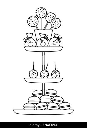 Schwarz-weiße Vector-Geburtstagsdesserts auf mehrschichtigem Stand. Süßer Umriss, lustige Feier, Leckerbissen. Leuchtendes Weihnachtssymbol für Kinder mit c Stock Vektor