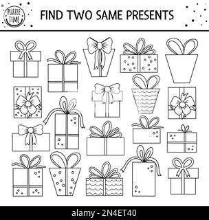 Finde zwei gleiche Geschenke. Festliche Schwarz-Weiß-Aktivität für Kinder. Lustige Übersicht pädagogisches Geburtstagsparty-Arbeitsblatt für Kinder. S Stock Vektor