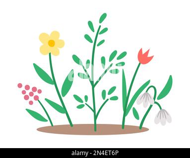 Symbol für Vektorfeder-Blumenbeet. Erste Illustration blühender Pflanzen. Clip Art mit Blumendesign. Süßes, flaches Kinderbett mit Schneetropfen und Tulpe isoliert auf weißem Ba Stock Vektor