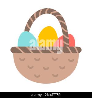 Symbol für Vektorkorb mit farbigen Eiern. Traditionelles Ostersymbol und Designelement isoliert auf weißem Hintergrund. Süßes Frühlingsbild für das Kind Stock Vektor