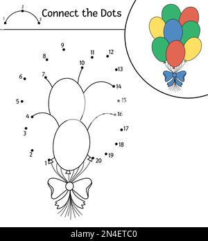 Vektor Geburtstag Punkt-zu-Punkt- und Farb-Aktivität mit niedlichen Ballons. Weihnachtsfeier verbindet das Dots-Spiel für Kinder. Lustige Malseite für K Stock Vektor