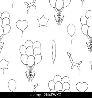 Vector Schwarz-Weiß-Nahtloses Muster mit niedlichen Ballons. Komischer, sich wiederholender Hintergrund mit Geburtstagsgeschenken. Line Holiday Digitalpapier für Kinder. Ch Stock Vektor