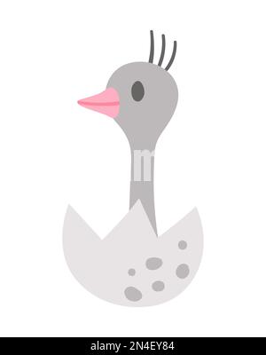 Symbol für Vektorstrauß-Verschachtelung. Kleine afrikanische Vögel-Illustration. Süßes, gerade geschlüpftes Tier, das auf weißem Hintergrund isoliert in der Eierschale sitzt. Stock Vektor