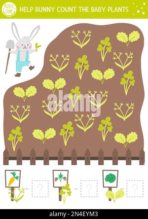 Osterzählspiel mit süßen Babypflanzen und Häschen, dem Gärtner. Mathematikaktivität im Frühjahr für Vorschulkinder. Einfache druckbare Gartenarbeit Stock Vektor