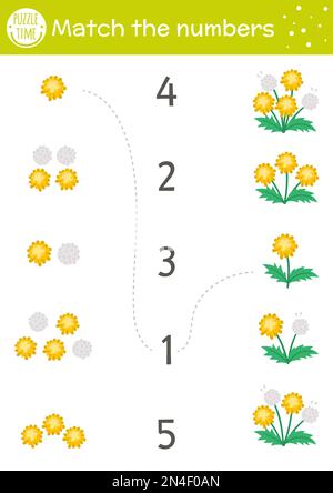 Osterspiel mit Frühlingsblumen. Mathematikaktivität in der Weihnachtszeit für Vorschulkinder mit Löwenzahn. Informatives druckbares Zählblatt mit Stock Vektor