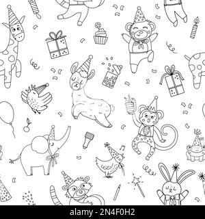 Vector schwarz-weiß nahtloses Muster mit Tieren in Partyhüten. Geburtstagsfeier wiederholt den Hintergrund. Vector Holiday Digitalpapier mit Stock Vektor