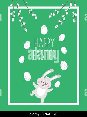 Vertikale Ostervorlage für Grußkarten mit süßen Eiern, Häschen- und Weidenzweigen. Poster oder Einladung für Kinder zum Frühlingsurlaub. Grüner Rahmen oder Rahmen Stock Vektor