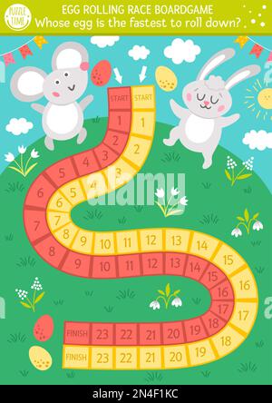 Osterei rollendes Rennboard-Spiel für Kinder mit niedlichem Hasen und Maus. Pädagogisches Weihnachtswürfelspiel mit farbigen Eiern. Traditionelles Frühlingsdesign Stock Vektor