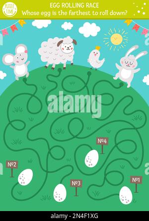 Das Labyrinth von Eggs Rollrassen. Osterlabyrinth für Kinder. Ausdruckbare pädagogische Aktivität im Vorschulalter. Lustiges Frühlingsspiel oder Puzzle mit niedlichen Tieren. Stock Vektor