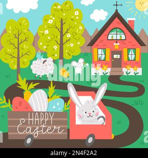 Vector Square Happy Easter Grußkarte Vorlage mit Hase fährt das Auto mit Eiern und Karotten zum Landhaus. Gartenszene mit niedlichen Tieren. S Stock Vektor