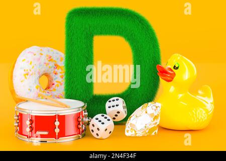 Flauschiger Buchstabe D mit Gummiente, Trommel, Donut, Diamant, Würfel. Kinder-ABC, 3D-Rendering auf orangefarbenem Hintergrund Stockfoto