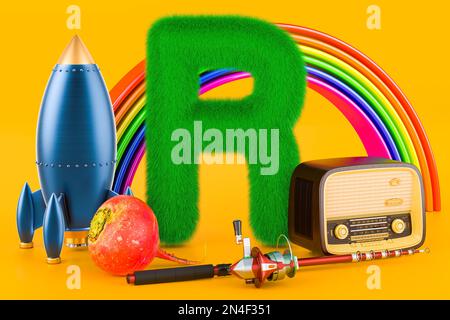 Flauschiger Buchstabe R mit Rakete, Regenbogen, Radio, Angelrute, Rettich. Kinder-ABC, 3D-Rendering auf orangefarbenem Hintergrund Stockfoto