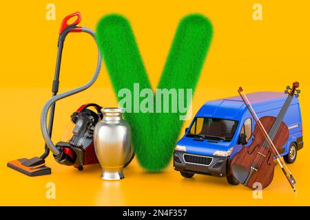 Flauschiger Buchstabe V mit Staubsauger, Vase, Van, Geige. Kinder-ABC, 3D-Rendering auf orangefarbenem Hintergrund Stockfoto