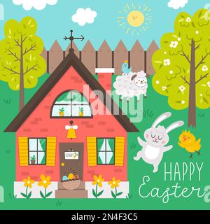 Vector Square Happy Easter Grußkarte Vorlage mit Häschen, Küken und Schafen. Gartenszene mit niedlichem Landhaus und Tieren. Frühjahrsgärtnerschirm Stock Vektor