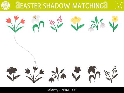 Ostern-Schattenspiel für Kinder. Lustiges Frühlings-Puzzle mit süßen ersten Blumen. Pädagogisches Spiel zur Weihnachtsfeier für Kinder. Finde die Korre Stock Vektor