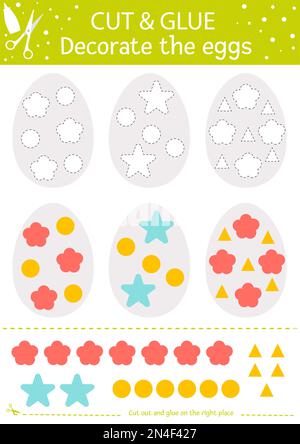 Vector Osterschnitt und Klebstoff. Pädagogisches Kunsthandwerksspiel mit süßen bunten Eiern. Spaß im Frühling für Kinder. Dekoriere die Eier Stock Vektor