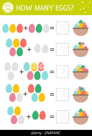 Osterzählspiel mit farbigen Eiern und Korb. Urlaubsaktivität für Vorschulkinder. Ausdruckbares mathematisches Arbeitsblatt für den Frühling. Ein Puzzle zum Hinzufügen Stock Vektor