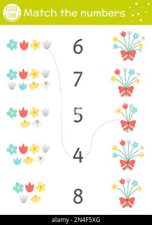 Osterspiel mit einem Strauß Frühlingsblumen. Mathematikaktivität im Kleinkindesalter mit Pflanzen. Ausdruckbares Zählwerk für den Bildungsbereich Stock Vektor