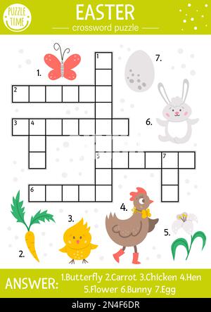 Vector Easter Kreuzworträtsel für Kinder. Einfaches Frühlingsquiz mit Weihnachtsgegenständen und Tieren für Kinder. Pädagogische Aktivität mit traditionellem Symbo Stock Vektor