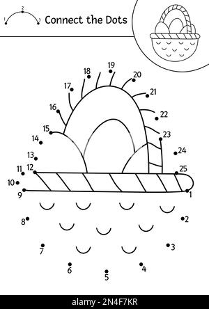Vektor Ostern Punkt-zu-Punkt und Farbenaktivität mit niedlichem Korb mit Eiern. Die Frühlingsferien verbinden das Dots-Spiel für Kinder mit traditionellen Symbolen. Spaß Stock Vektor
