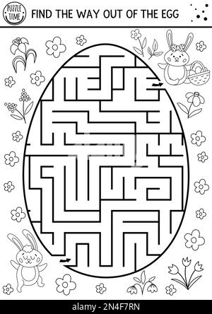 Osterlabyrinth in Schwarz und Weiß für Kinder mit süßen Häschen in Eierform. Die ausdruckbare Aktivität im Vorschulalter. Lustiges Frühlingsgartenspiel oder Col Stock Vektor