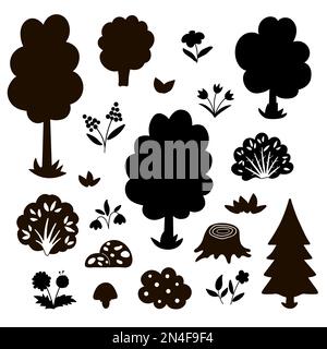 Vector schwarz-weiß mit Garten- oder Waldbäumen, Pflanzen, Sträuchern, Büschen, Blumen Silhouetten. Schwarze Illustration des Frühlingswaldes oder des Bauernhofs. Natur Stock Vektor