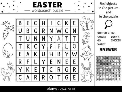 Vector Schwarz-Weiß Ostern Wortsuche Puzzle für Kinder. Einfaches Frühlings-Kreuzworträtsel mit traditionellen Feiertagssymbolen für Kinder. Schlüsselwort Activity with Stock Vektor