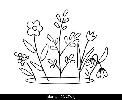 Vector Spring Symbol für schwarz-weiße Blumenbeete. Die ersten blühenden Pflanzen sind eine Illustration. Clip-Art mit Blumenmotiv oder Malseite. Süßes Kinderbett mit Sno Stock Vektor