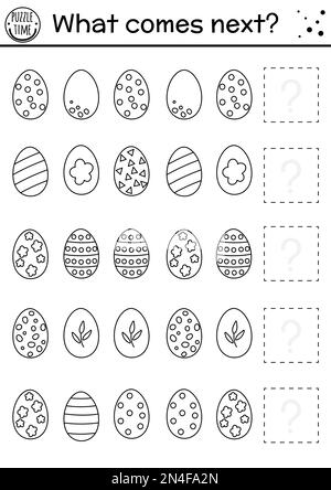 Was kommt als Nächstes? Ostern-Schwarz-Weiß-Matching-Aktivität für Vorschulkinder mit Eiern. Lustiges Weihnachtsrätsel. Logisches Arbeitsblatt skizzieren. Weiter Stock Vektor