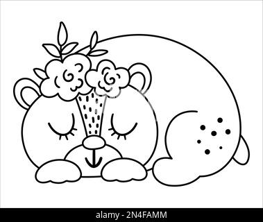 Vector schwarz-weißer schlafender Bär mit Blumen auf dem Kopf. Süßes künstlerisches Waldsymbol mit Tierlinien auf weißem Hintergrund. Süßer Bo Stock Vektor