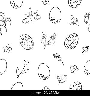 Vector Easter Schwarzweiß nahtloses Muster mit Eiern und ersten Blumen. Der Hintergrund wiederholt sich. Traditionelles digitales Weihnachtspapier mit Stock Vektor