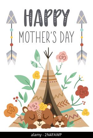 Vektorkarte zum Muttertag mit niedlichem Bo-Element. Vorgefertigtes Design mit Waldbär und Mutter. Böhmisches Poster mit Tierfamilie, Wigwam Stock Vektor